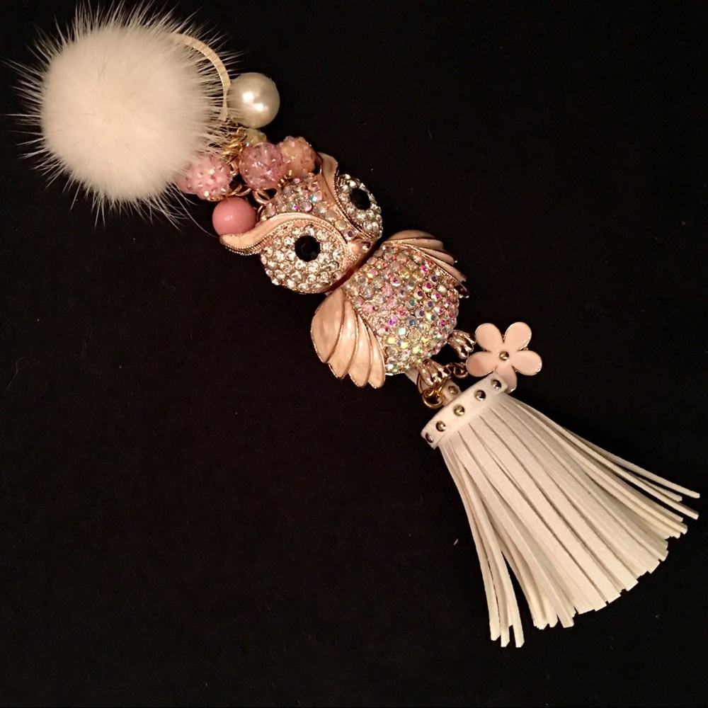Lt. Pink Rhinestone OWL & White Tassel Bag Charm!